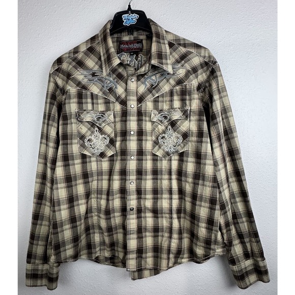 Rock & Roll Cowboy Other - Rock & Roll Cowboy 2XL Brown Plaid Long Sleeve Pearl Snap Button Shirt